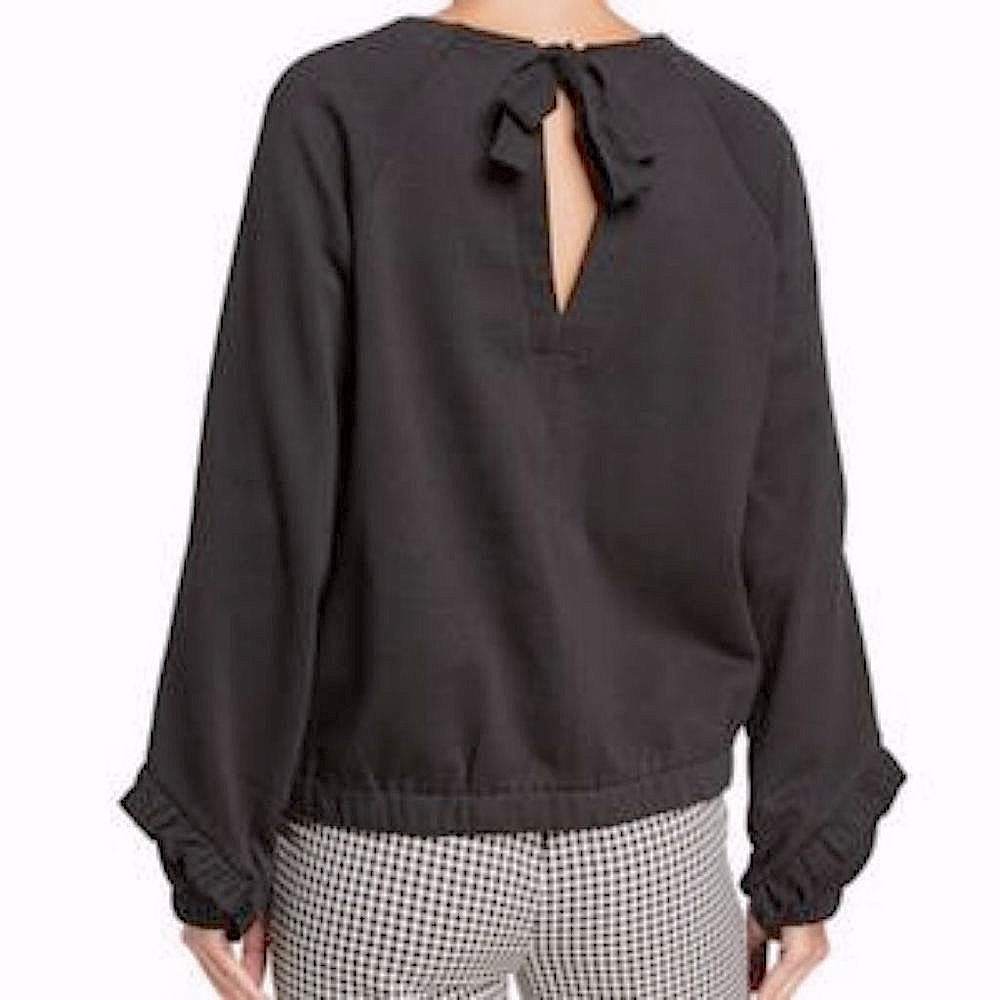 KENSIE Black Sweatshirt w/Open Back KeyHole Detail, BowTie, Ruffle Sleeve NWT Sm
